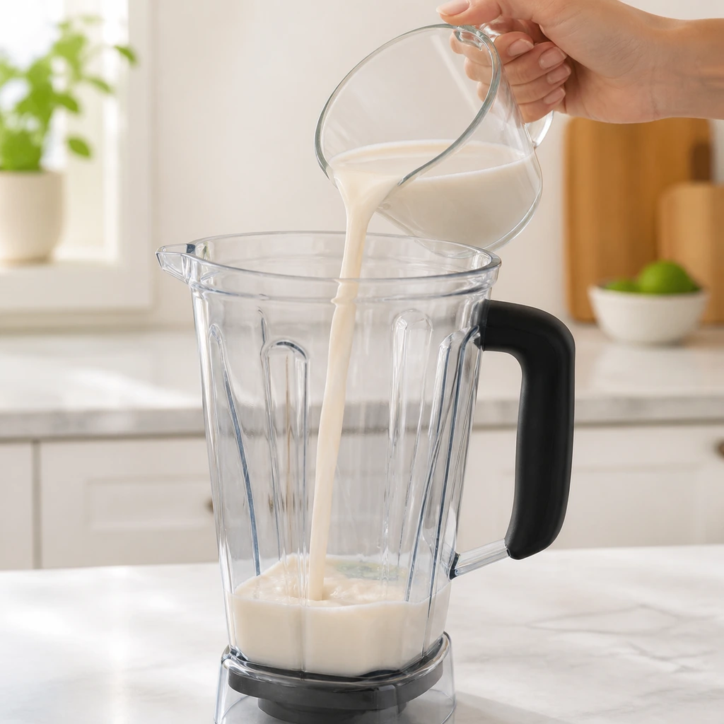 One cup of almond milk poured into an empty blender