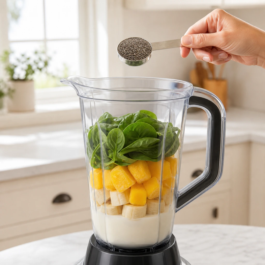 One measured tablespoon of chia held above layered banana mango and spinach
