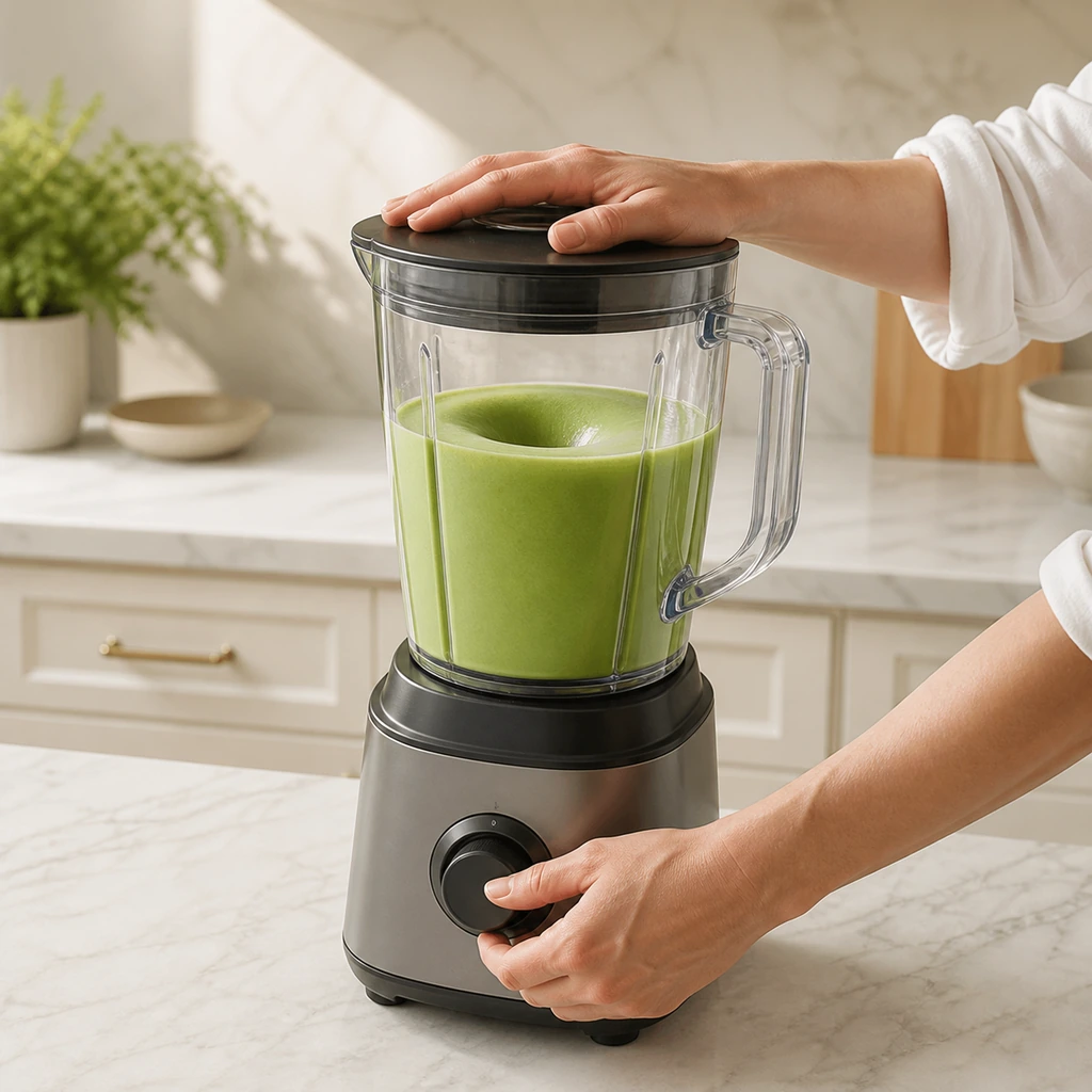Tropical green smoothie blending until uniformly smooth and creamy