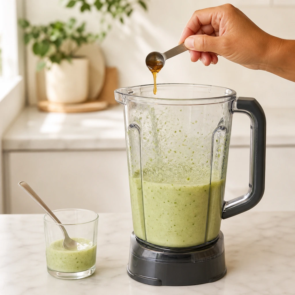 Small measured spoon of optional honey added after tasting green smoothie