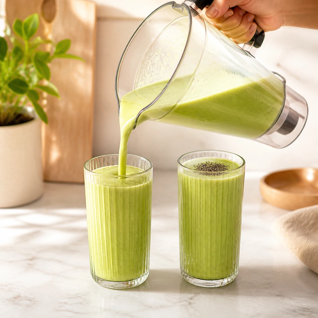 Tropical green smoothie poured into ribbed glasses with a modest chia garnish
