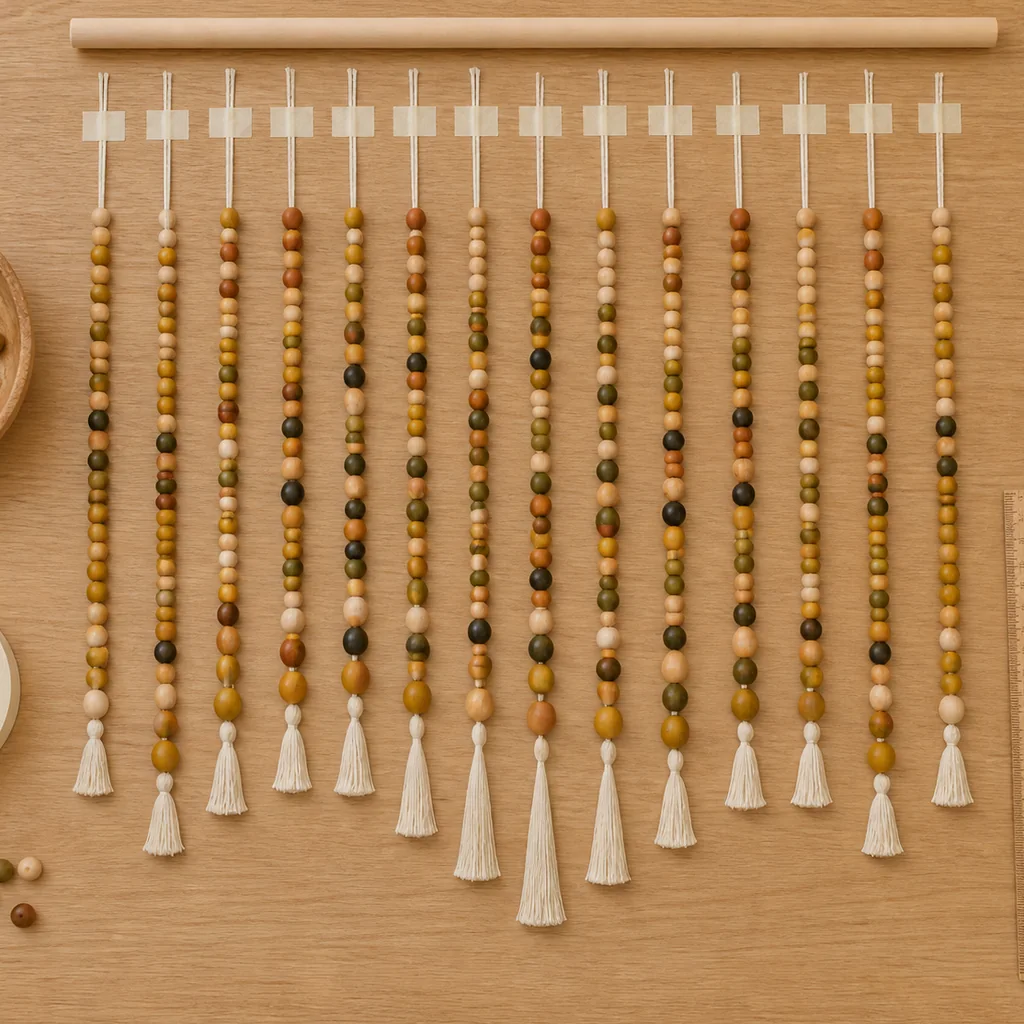 Twelve color-blocked wood bead curtain strands arranged from longest at the sides to shortest in the center.