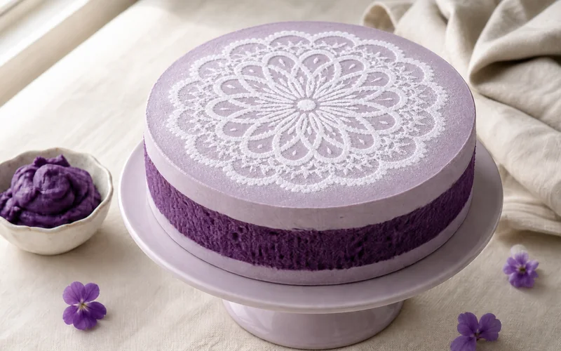 Deep violet ube cake with lavender cream cheese frosting and a flat powdered-sugar lace-stencil pattern.