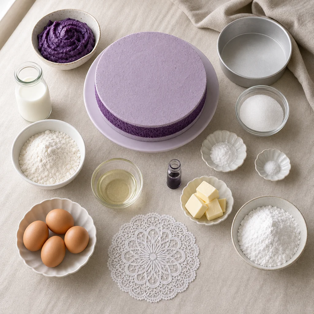 Ube cake ingredients and an eight-inch round cake pan arranged on a dark stone surface.