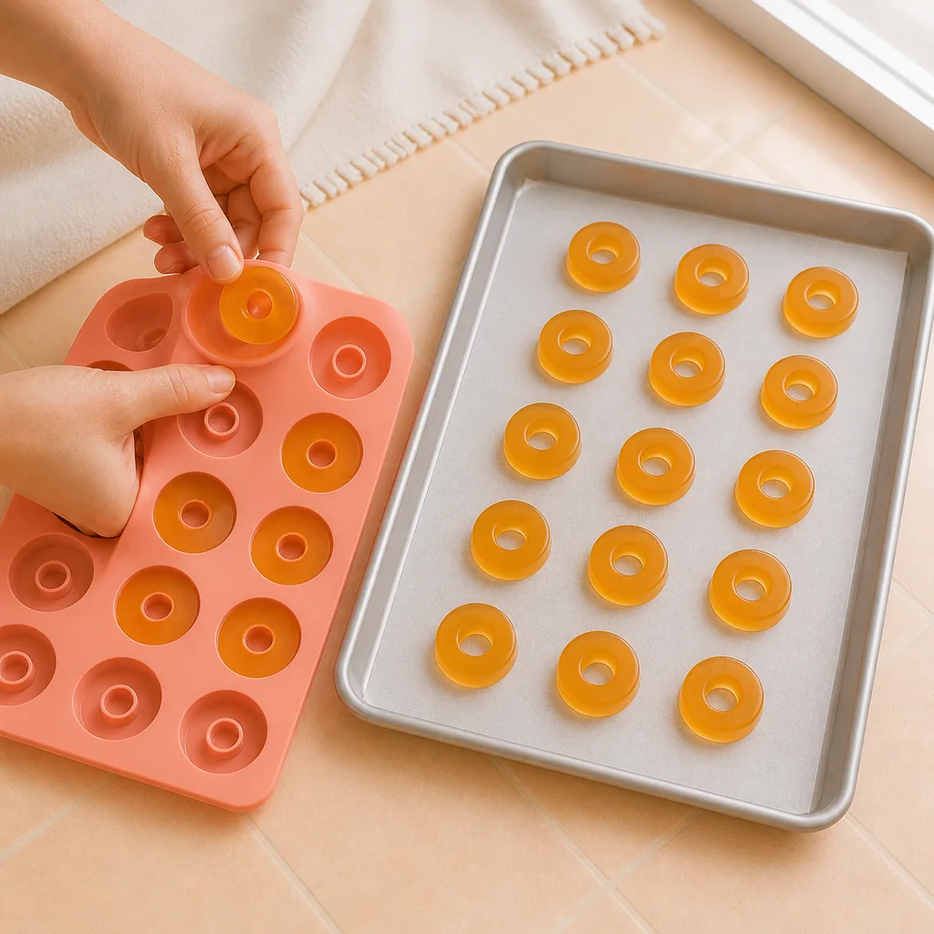 Chilled peach gummy rings unmolded onto a parchment-lined tray for refrigerated drying.