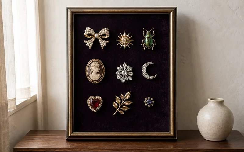 Finished DIY vintage brooch display frame with nine pins arranged on plum velvet.