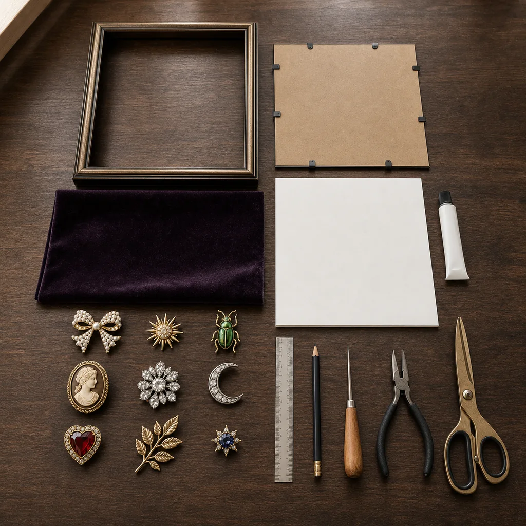 Materials for a vintage brooch display frame including nine brooches, plum velvet, foam board, and an antique brass shadow box.