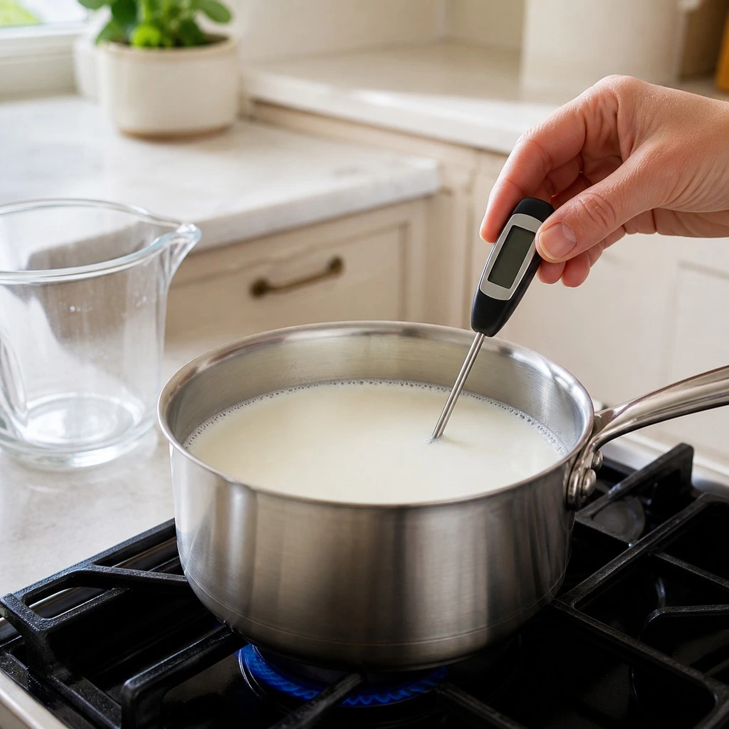 Whole milk warming gently in a small saucepan without boiling