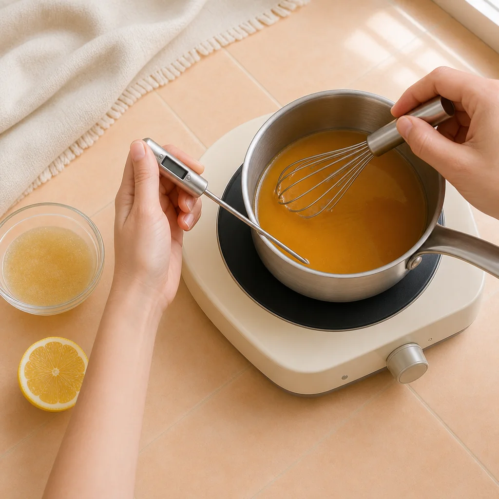 Peach nectar warmed gently with a thermometer without boiling.