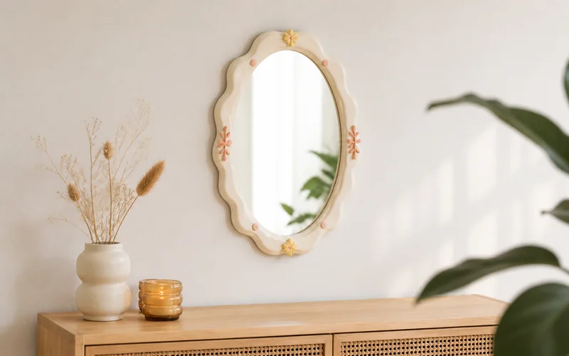 Finished DIY wavy oval mirror frame with pastel clay waves above a light wood console.