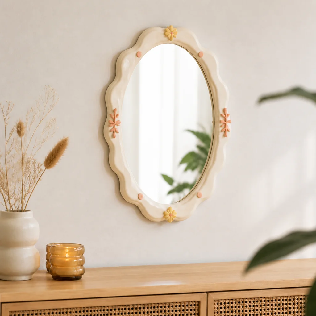 Finished cream wavy mirror with peach dots and yellow flowers styled in a warm neutral room.