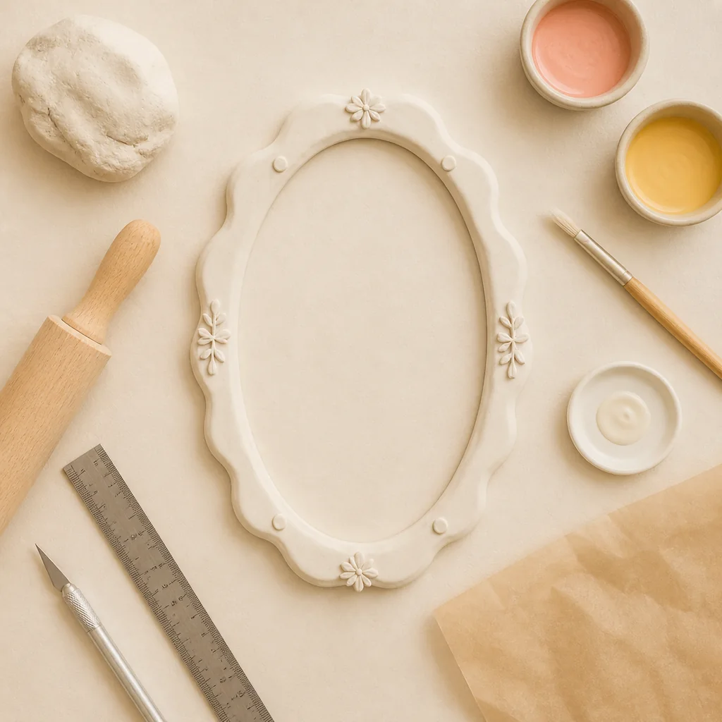 Air-dry clay, oval mirror, rolling pin, craft knife, ruler, paint, brush, parchment, and glue for a wavy mirror frame.