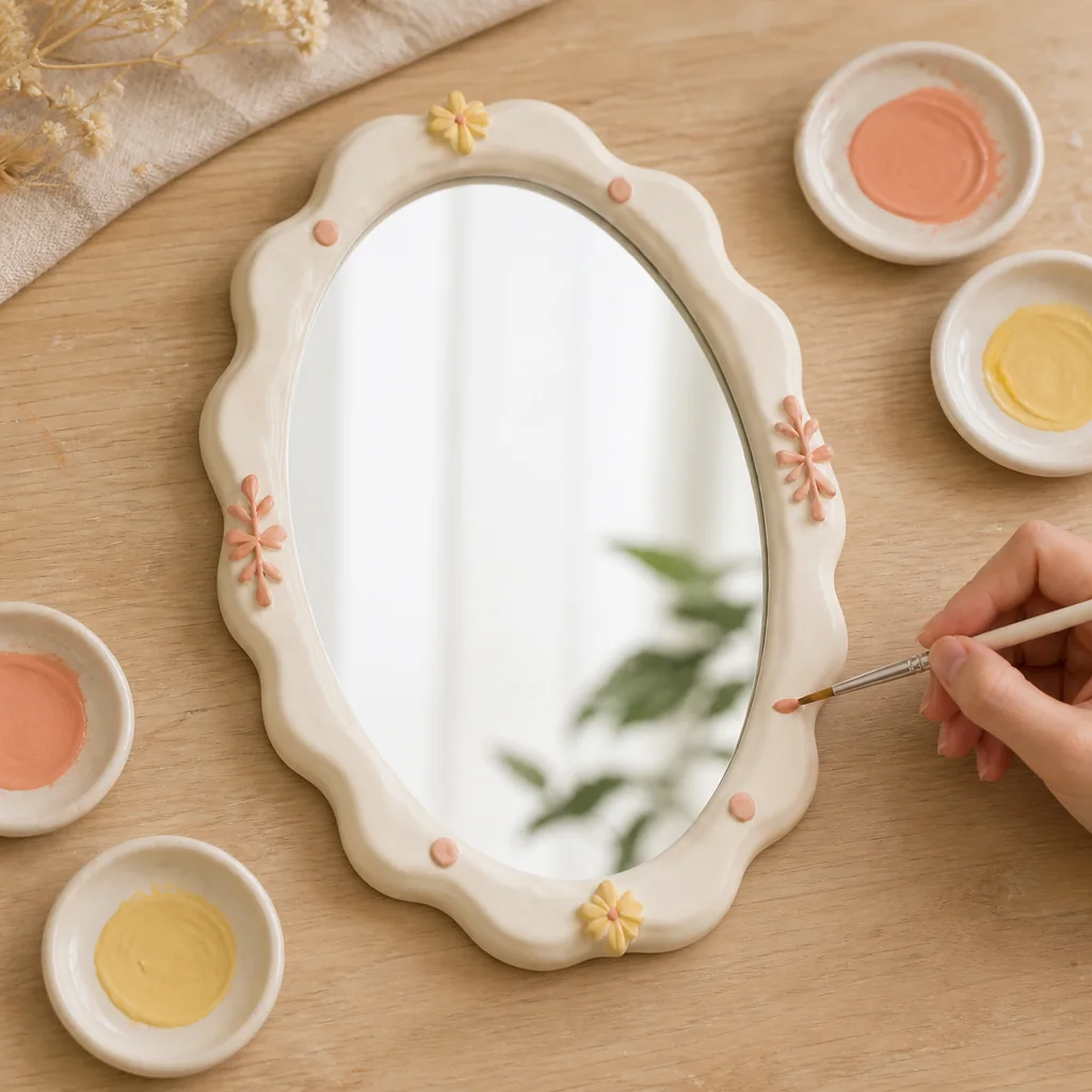 Peach and butter-yellow accents brushed onto the matching cream wavy mirror frame.