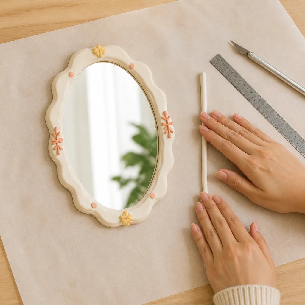 Air-dry clay rolled into smooth strips beside the matching oval mirror on parchment paper.