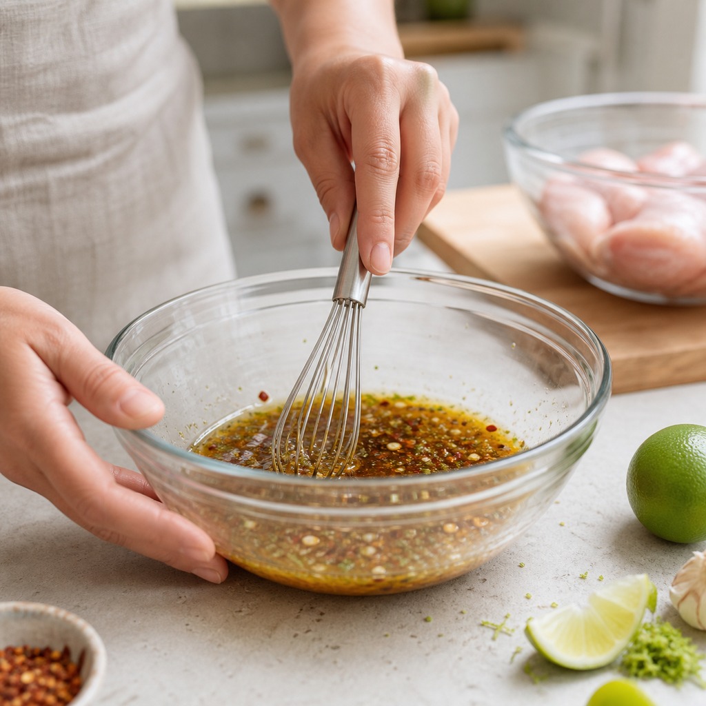 Whisking honey lime soy garlic marinade in a glass bowl