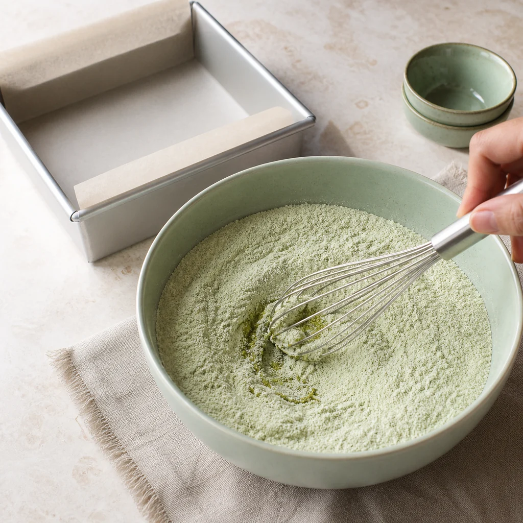 Sweet rice flour, matcha, sugar, baking powder, and salt whisked in a jade bowl.