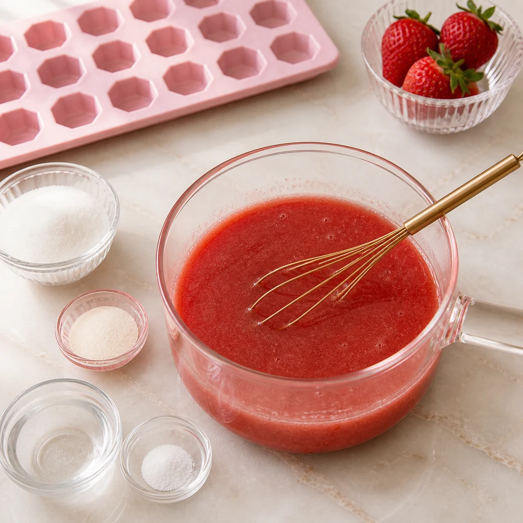 Strawberry puree and agar mixture in a saucepan