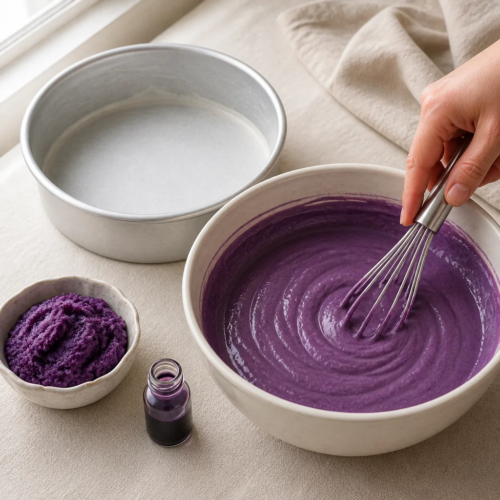 Glossy purple ube cake batter beside a parchment-lined eight-inch round pan.
