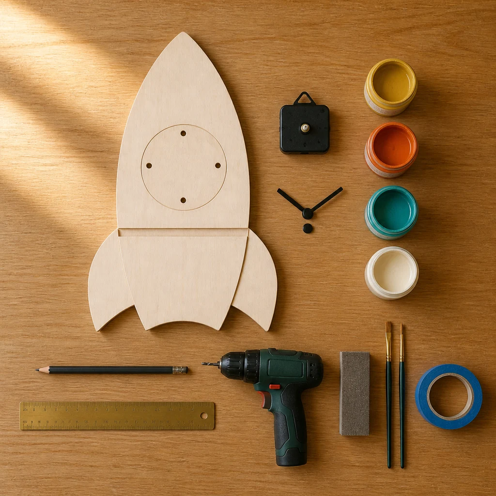 Materials for a DIY wooden rocket wall clock
