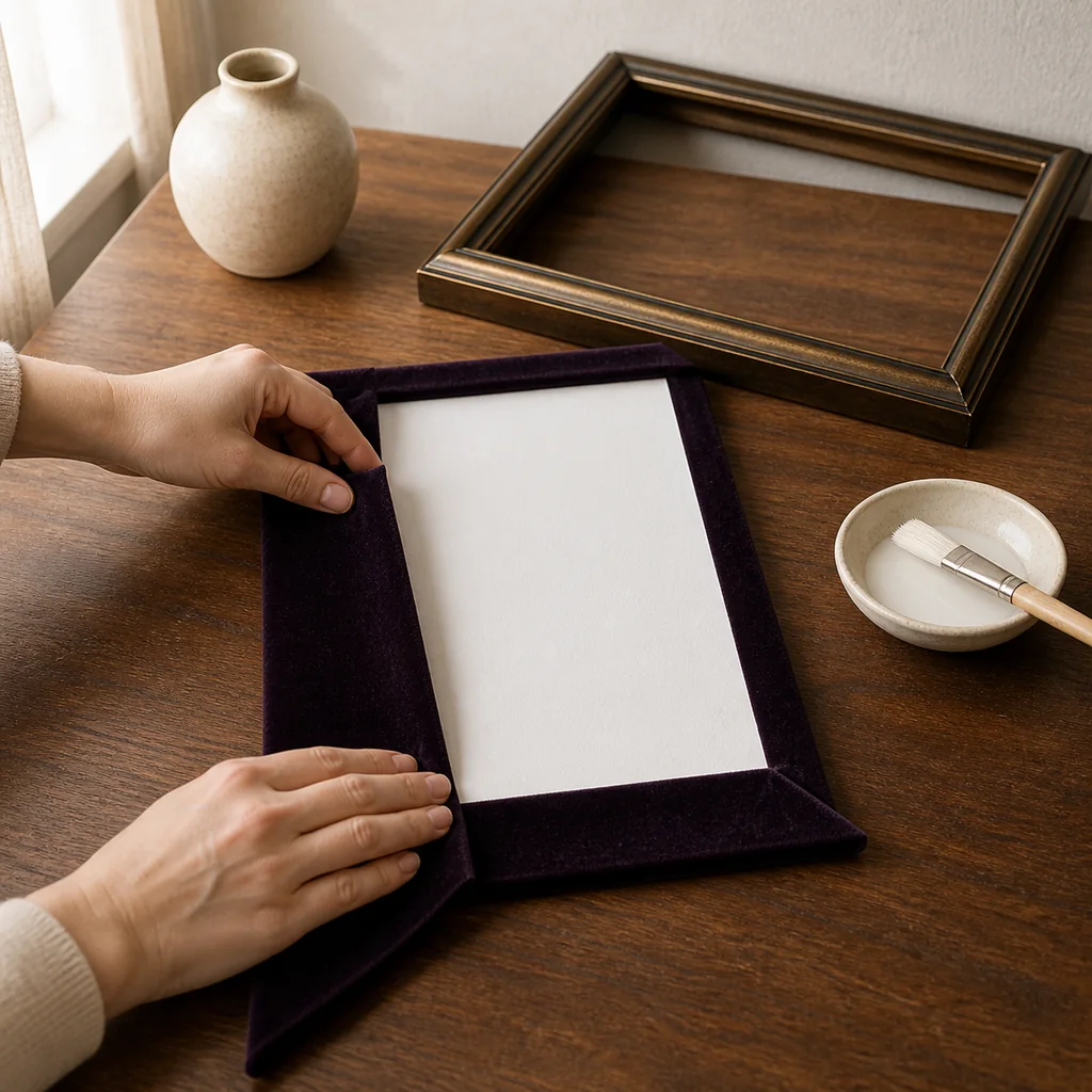 Hands wrapping plum velvet smoothly around an acid-free foam board backing.