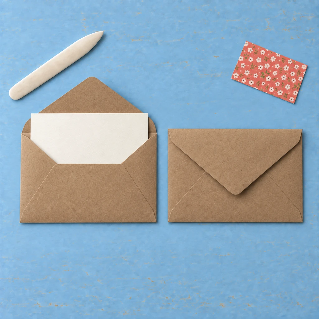 Cream A6 folded card sliding into a matching rectangular kraft envelope