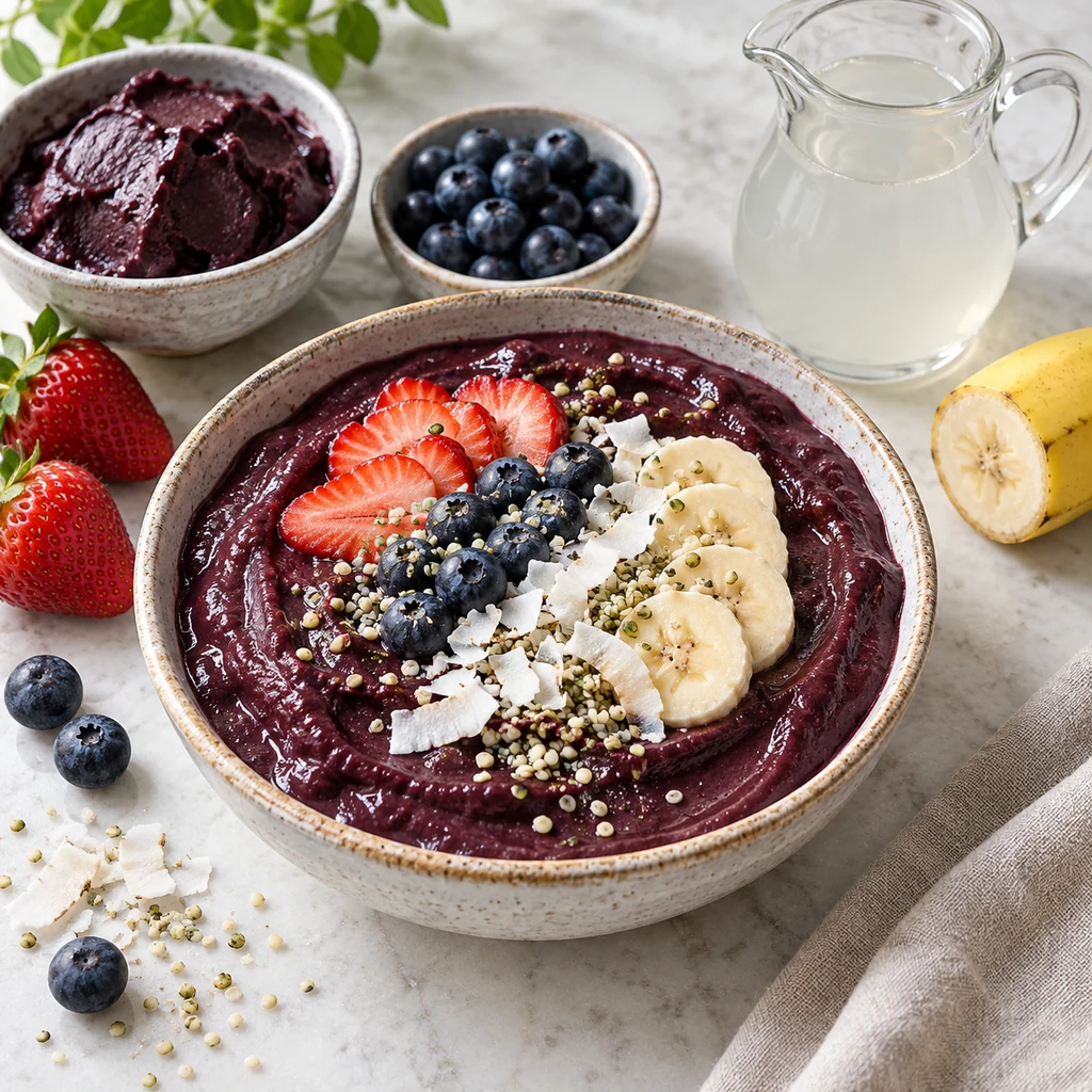 Thick acai berry smoothie bowl topped with strawberries, blueberries, banana, coconut and hemp seeds