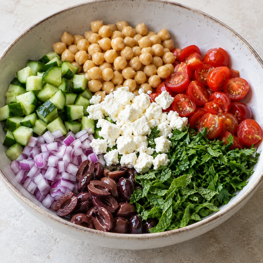 Chickpeas, feta, parsley and mint added to prepared cucumber, tomatoes, onion and olives