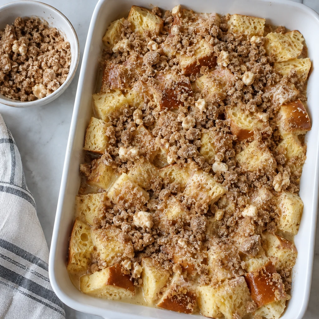 Brown sugar, flour, cinnamon, and cold butter crumbs scattered over unbaked soaked bread
