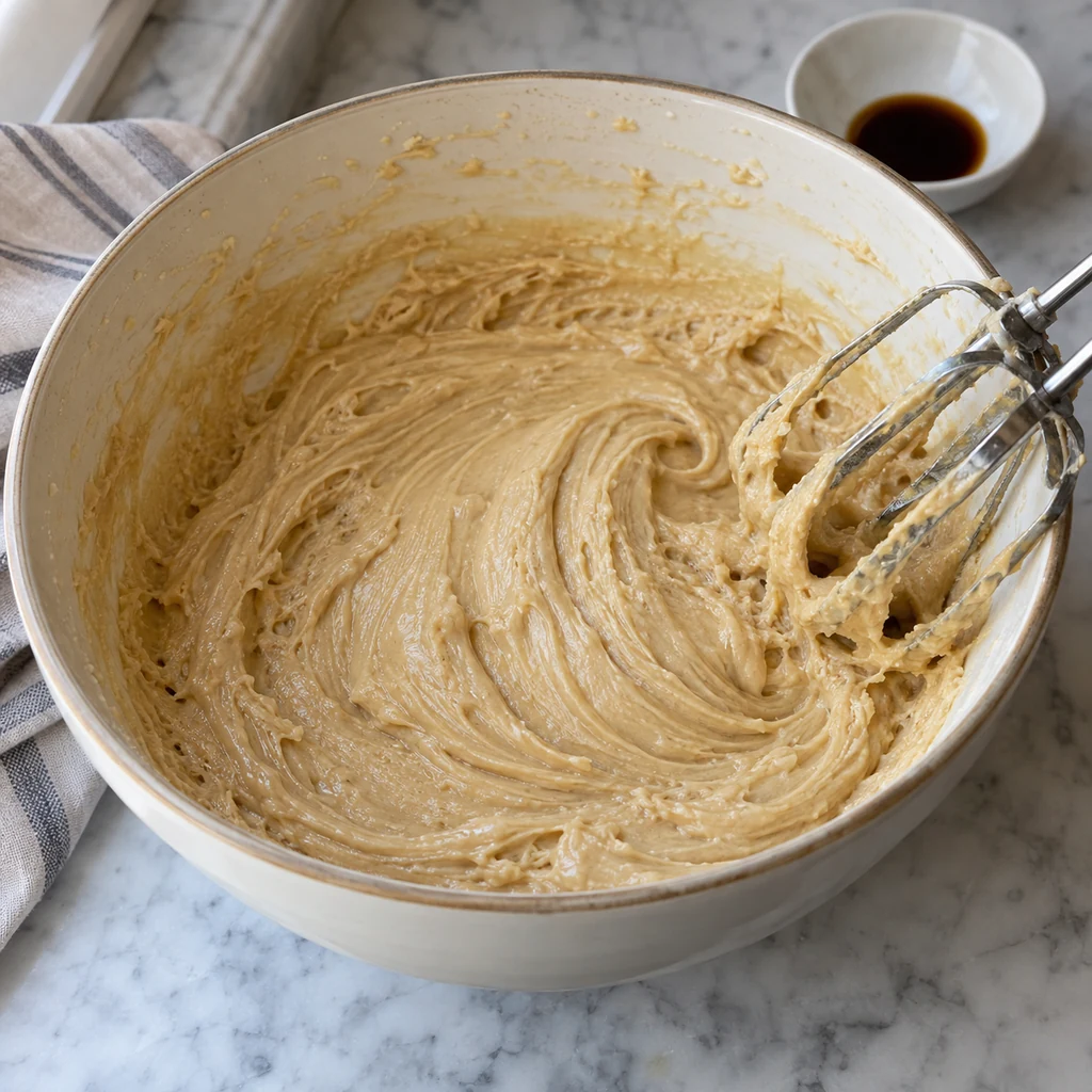 Eggs and vanilla beaten into the creamed butter and sugar mixture