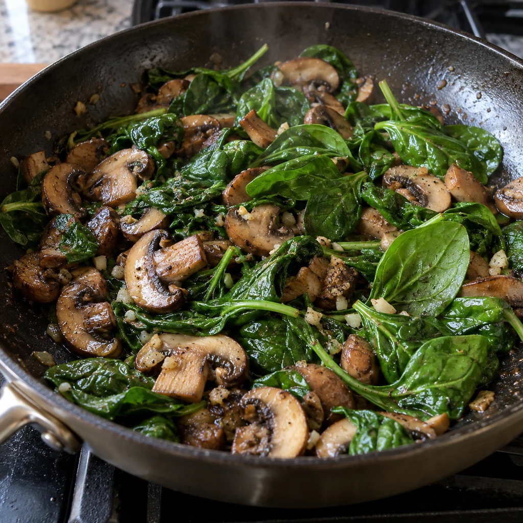 Browned mushrooms with minced garlic and spinach beginning to wilt in a skillet