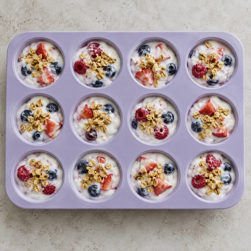 Unfrozen yogurt and mixed berry portions topped with granola in a twelve-cavity mold