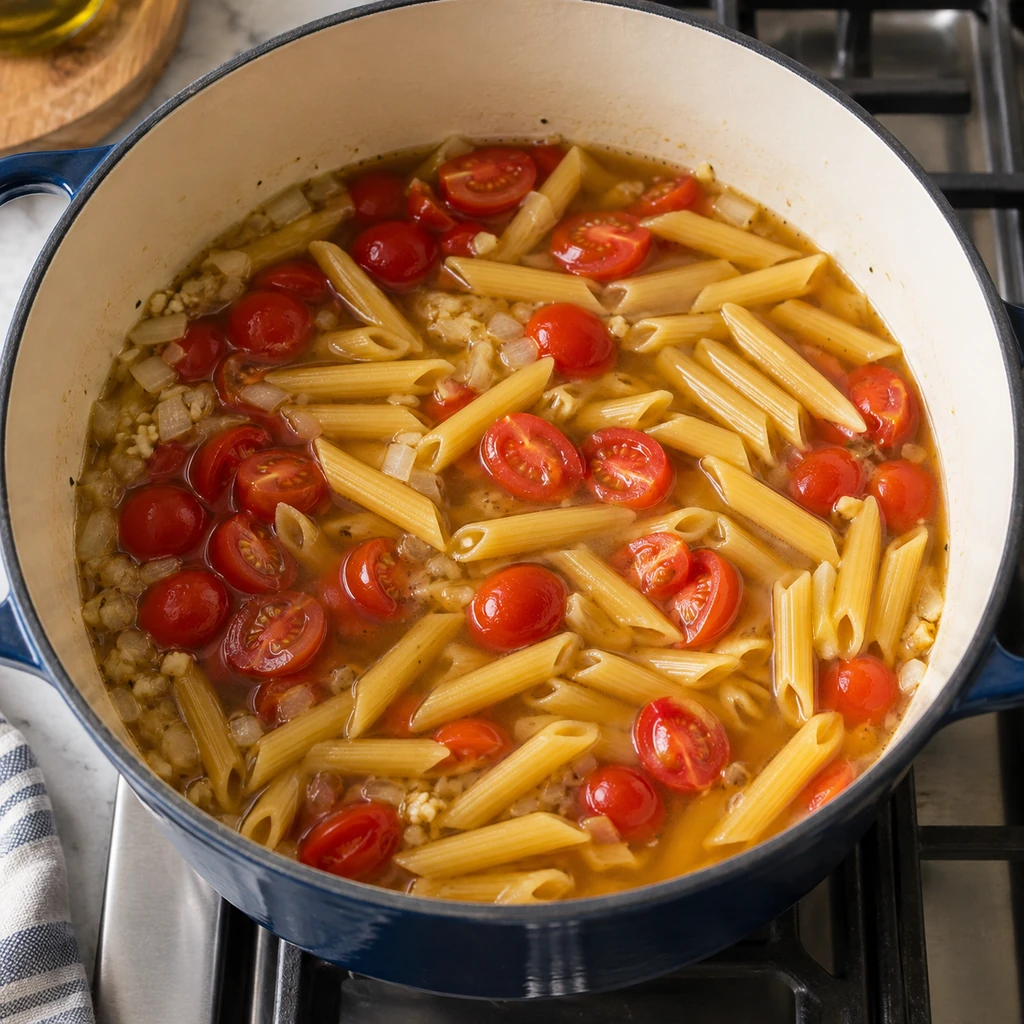 Dry penne and halved cherry tomatoes in broth with sautéed onion and garlic.