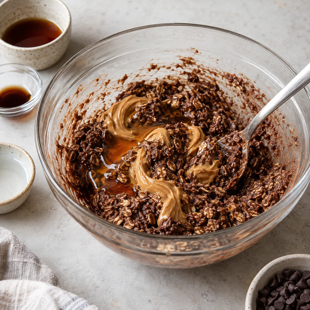 Peanut butter and maple syrup being stirred into the cocoa oat mixture