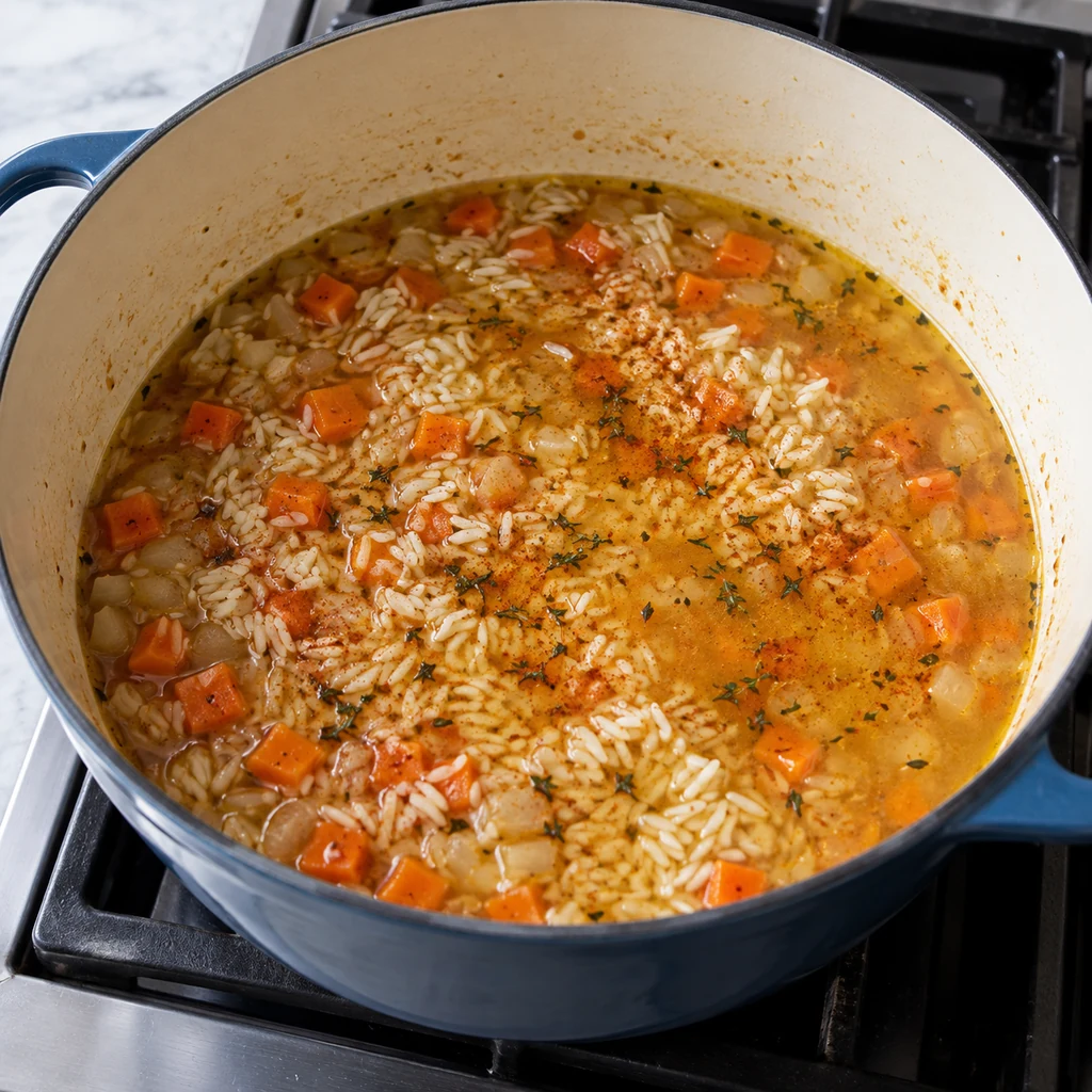 Uncooked long-grain rice, carrots, onion, broth, and seasonings in a Dutch oven before chicken is returned
