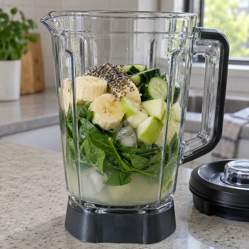 Spinach, banana, green apple, cucumber, chia seeds, lemon juice, and coconut water in a blender jar before blending