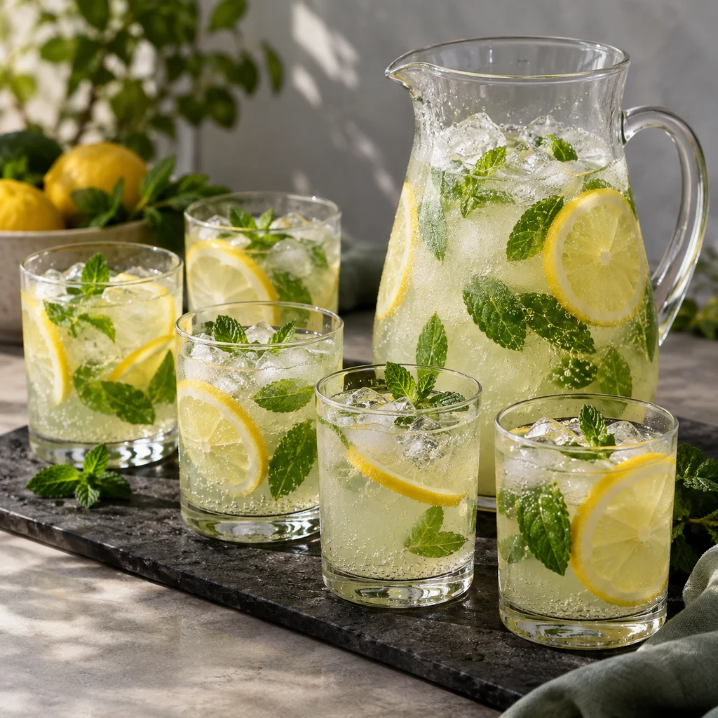 Finished sparkling mint lemonade in a pitcher and six ice-filled glasses with lemon and mint
