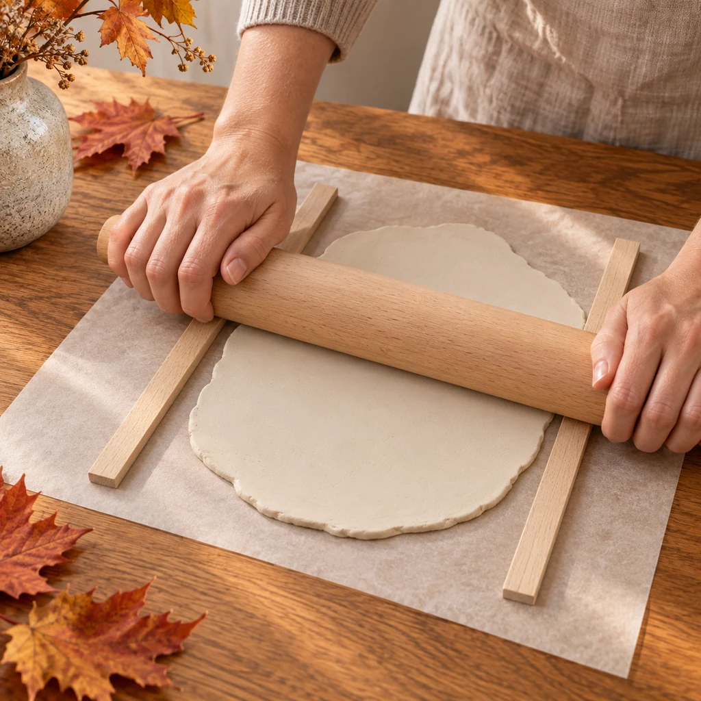 Hands rolling ivory air-dry clay between quarter-inch wooden guide strips