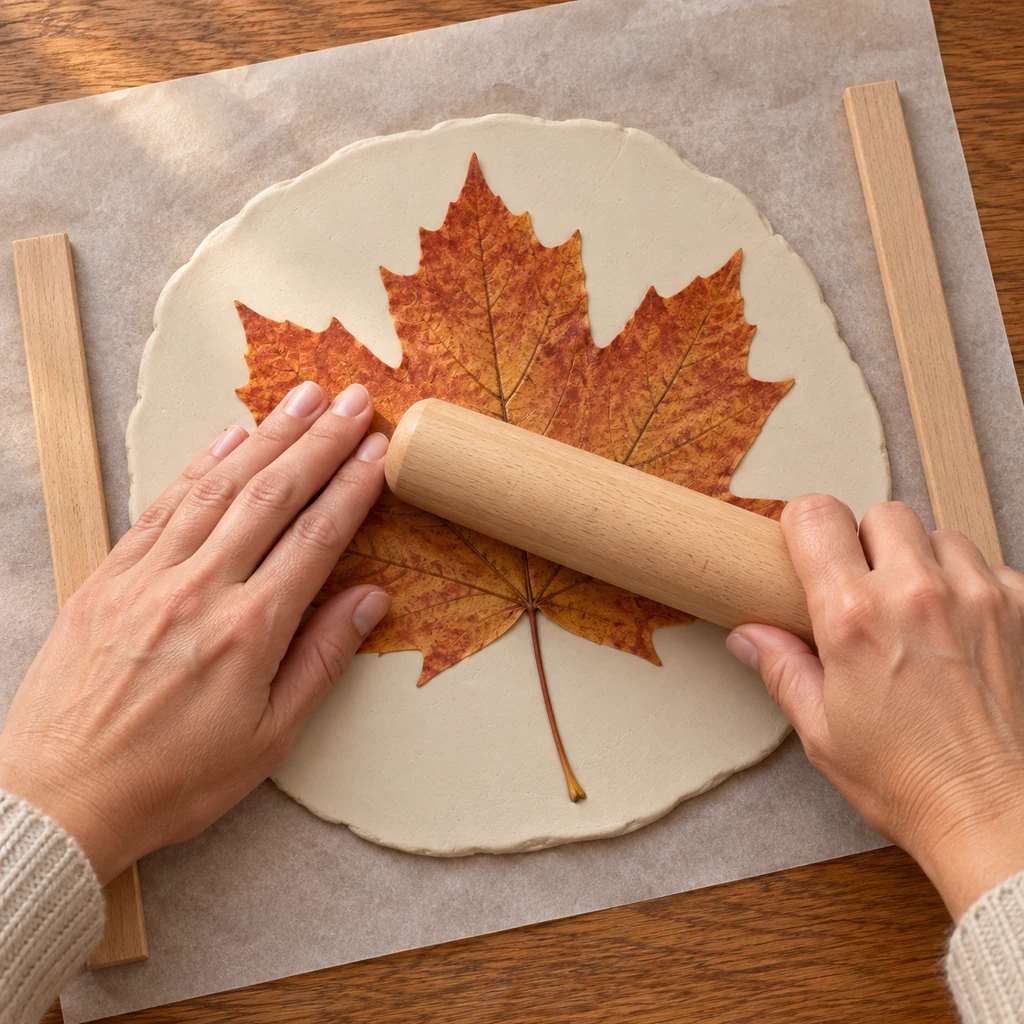 Hands pressing a fresh maple leaf into an even ivory air-dry clay slab