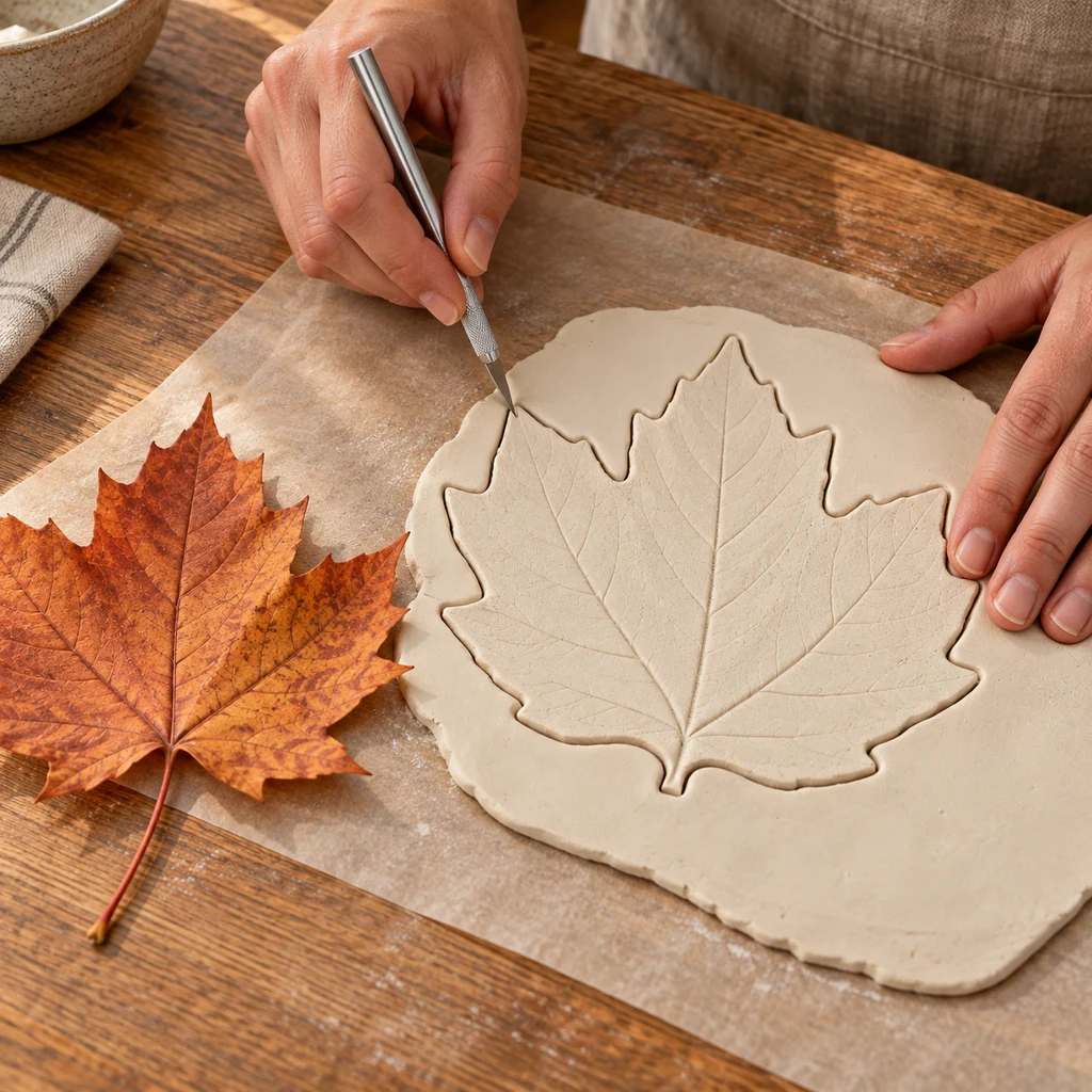 Hands cutting around a maple-leaf impression in ivory air-dry clay