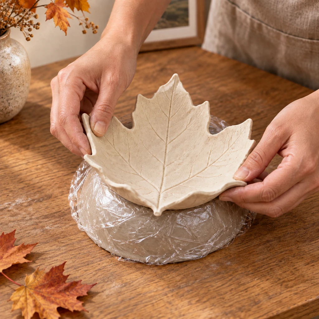 Hands shaping an ivory clay maple leaf over a plastic-covered rounded bowl
