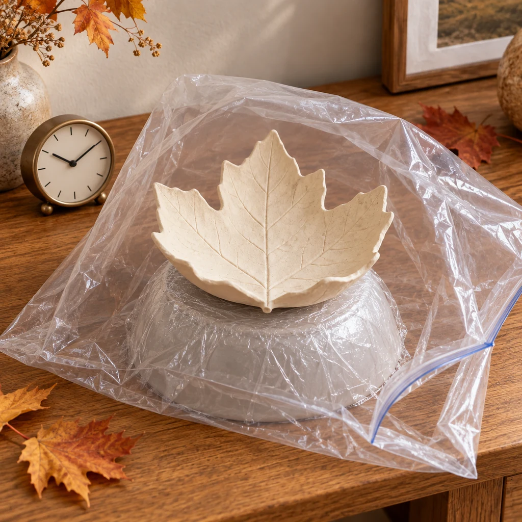 Ivory clay maple-leaf bowl drying slowly under a loose ventilated plastic tent