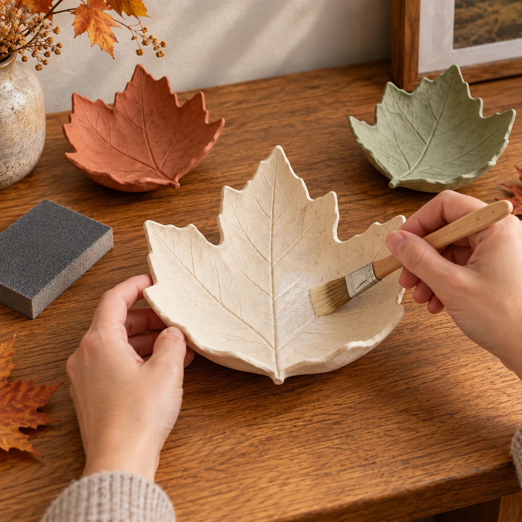 Hands brushing a thin clear sealer onto a fully dry ivory clay leaf bowl