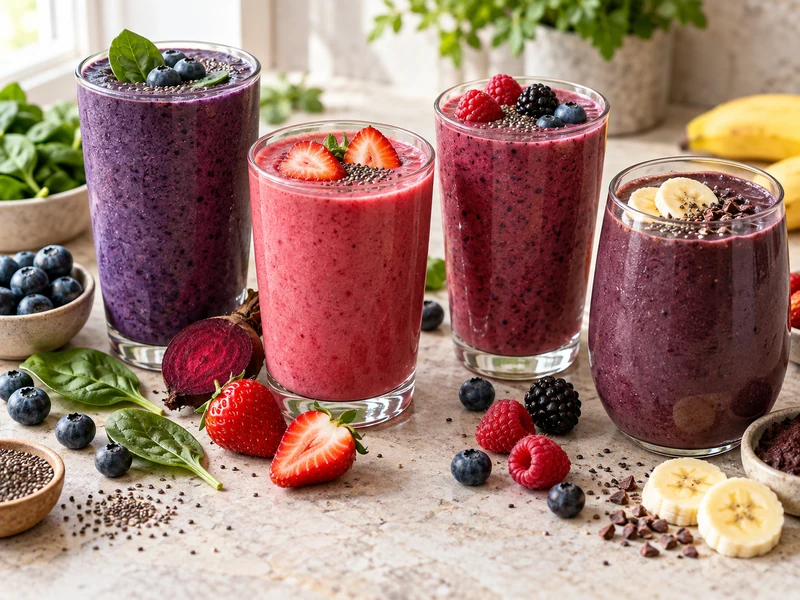 Four colorful berry smoothies with blueberries, strawberries, raspberries, blackberries, spinach, beet, and banana.