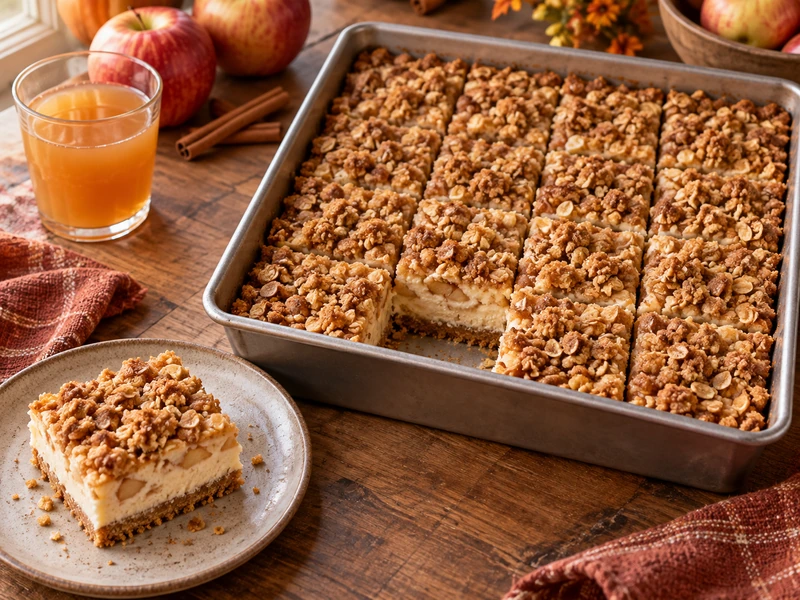 Apple cider cheesecake bars with creamy apple filling and oat streusel in a square pan, with one bar plated.