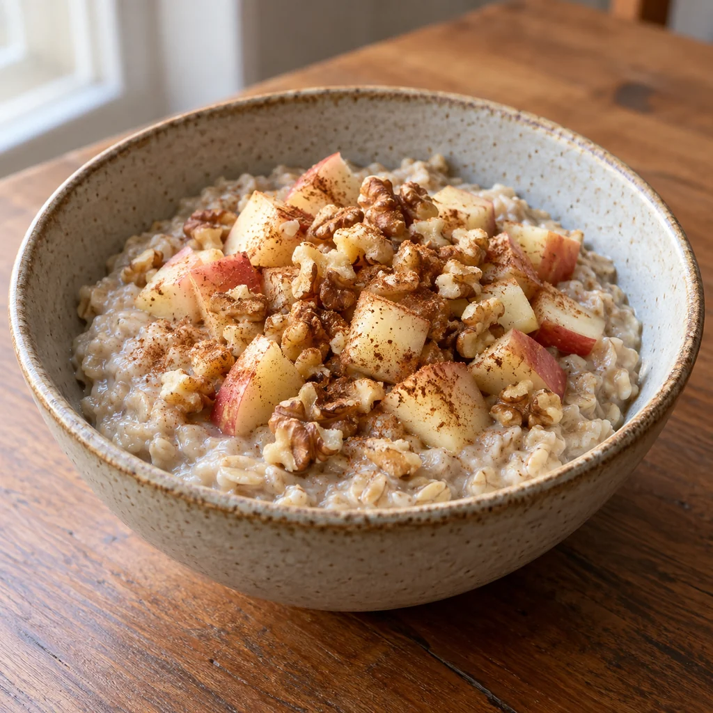 Warm apple cinnamon oatmeal topped with chopped walnuts