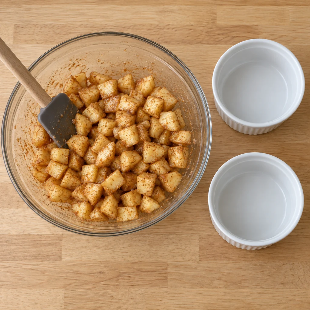 Cinnamon-coated diced apples in a glass bowl beside two empty ramekins