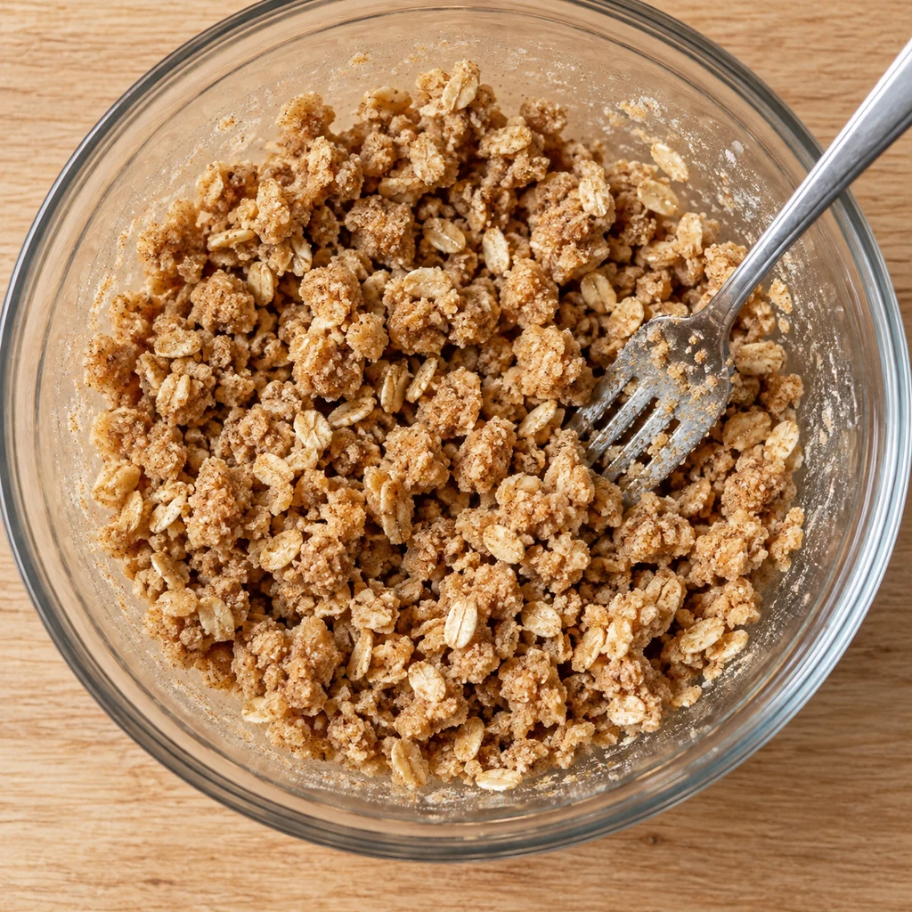 Coarse oat crumble topping with pea-size buttery clumps in a glass bowl