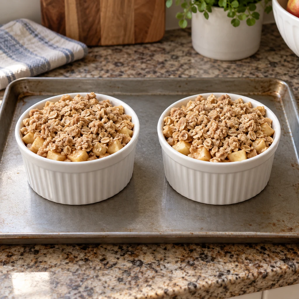 Two unbaked apple crumbles filled just below the rim on a baking sheet