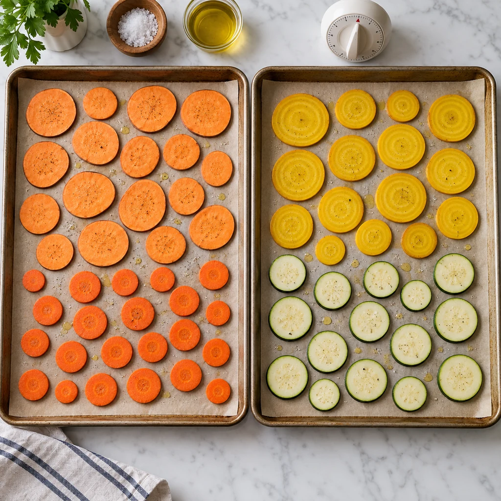 Thin vegetable slices arranged in a single non-overlapping layer on two parchment-lined baking sheets