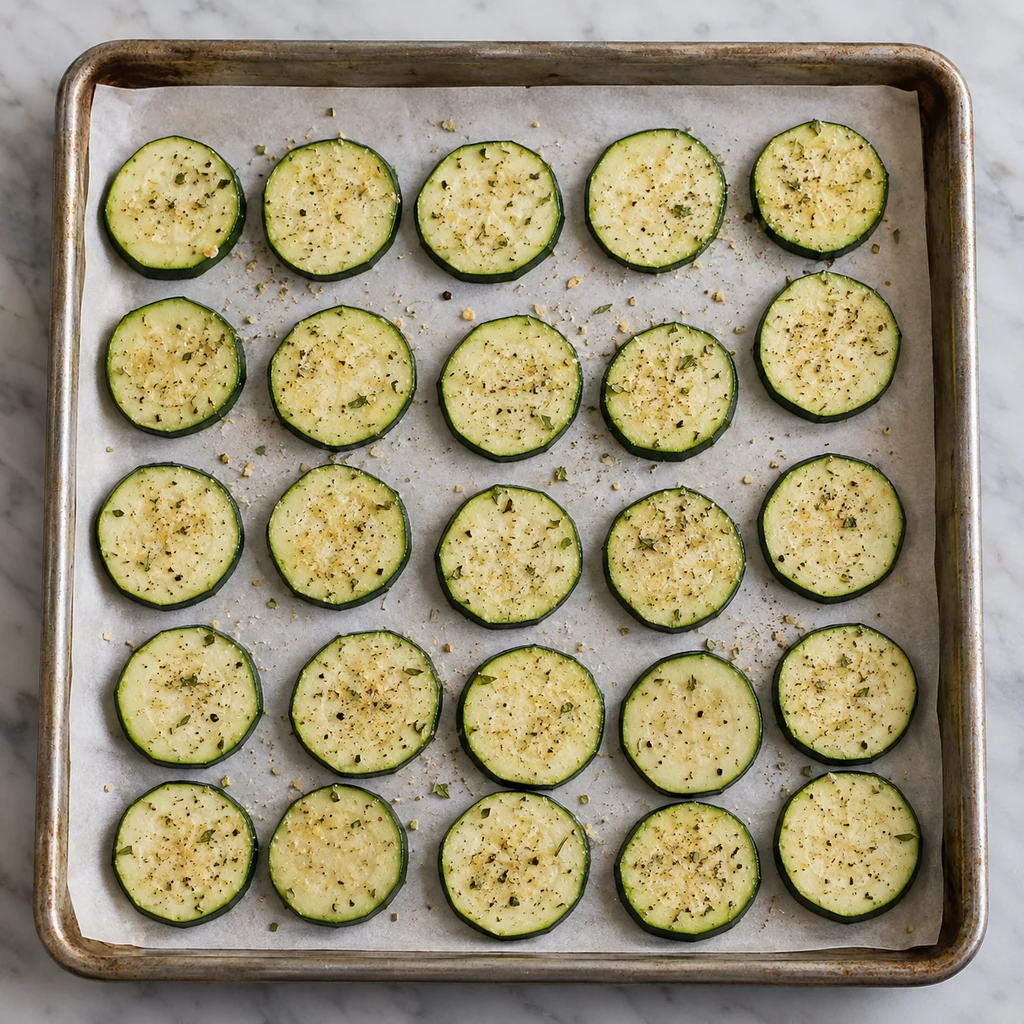 Zucchini rounds seasoned on a parchment-lined baking sheet